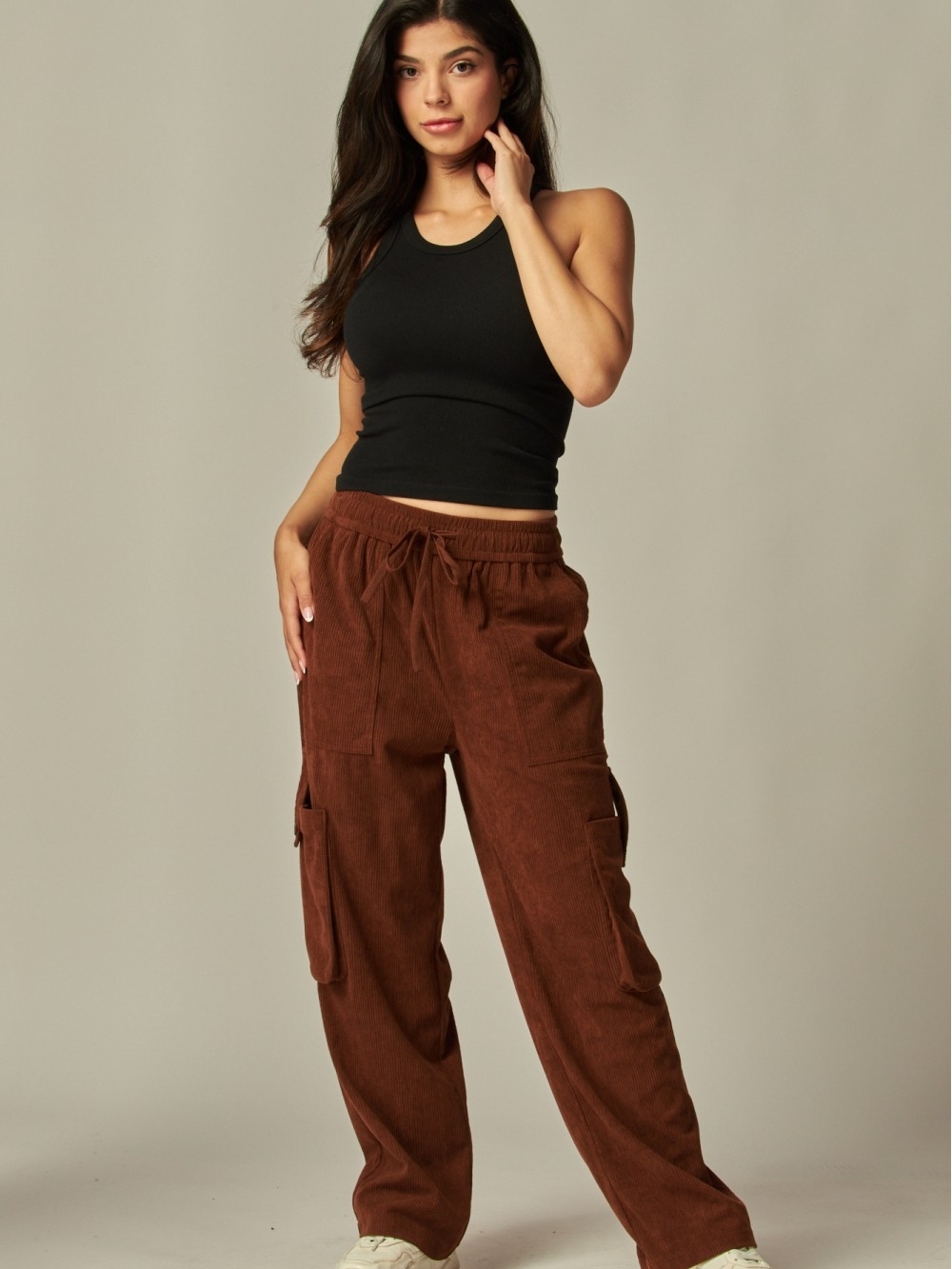 Brown Corduroy Wide Leg Cargo Pants